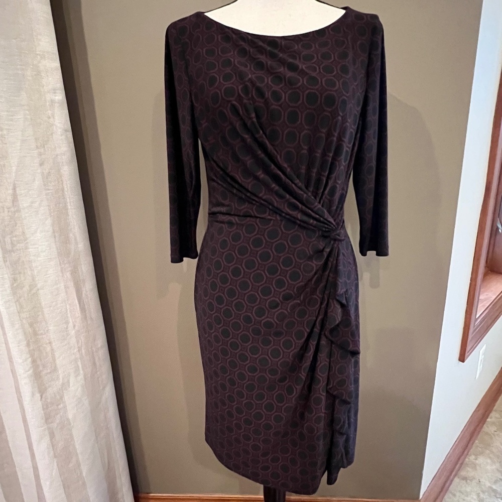 Lauren Ralph Lauren Sheath Geometric Black & Red Rouched Ruffle Dress, Size 12P - Picture 1 of 13